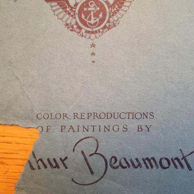 Sale Photo Thumbnail #171: This lot is for a Vintage WW2 Navy Ship Prints Folio by Beaumont.  This folio holds eight prints in the remnants of a blue folder.  Our Fighting Navy - Color Reproduction of Paintings by Arthur Beaumont.  This collection holds eight different prints most 