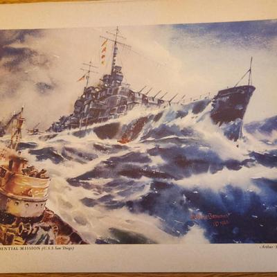 Sale Photo Thumbnail #179: This lot is for a Vintage WW2 Navy Ship Prints Folio by Beaumont.  This folio holds eight prints in the remnants of a blue folder.  Our Fighting Navy - Color Reproduction of Paintings by Arthur Beaumont.  This collection holds eight different prints most 