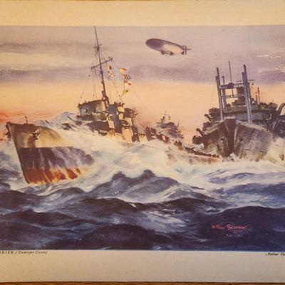 Sale Photo Thumbnail #172: This lot is for a Vintage WW2 Navy Ship Prints Folio by Beaumont.  This folio holds eight prints in the remnants of a blue folder.  Our Fighting Navy - Color Reproduction of Paintings by Arthur Beaumont.  This collection holds eight different prints most 