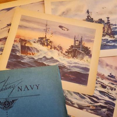 Sale Photo Thumbnail #170: This lot is for a Vintage WW2 Navy Ship Prints Folio by Beaumont.  This folio holds eight prints in the remnants of a blue folder.  Our Fighting Navy - Color Reproduction of Paintings by Arthur Beaumont.  This collection holds eight different prints most 