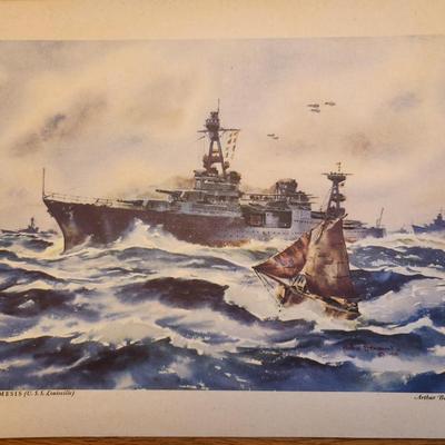 Sale Photo Thumbnail #173: This lot is for a Vintage WW2 Navy Ship Prints Folio by Beaumont.  This folio holds eight prints in the remnants of a blue folder.  Our Fighting Navy - Color Reproduction of Paintings by Arthur Beaumont.  This collection holds eight different prints most 