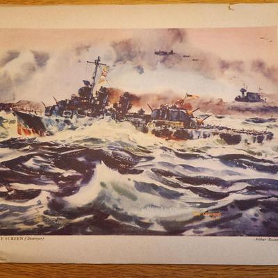 Sale Photo Thumbnail #174: This lot is for a Vintage WW2 Navy Ship Prints Folio by Beaumont.  This folio holds eight prints in the remnants of a blue folder.  Our Fighting Navy - Color Reproduction of Paintings by Arthur Beaumont.  This collection holds eight different prints most 