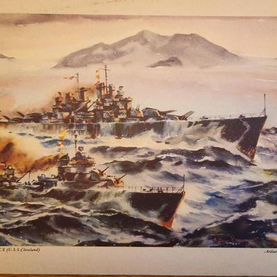 Sale Photo Thumbnail #177: This lot is for a Vintage WW2 Navy Ship Prints Folio by Beaumont.  This folio holds eight prints in the remnants of a blue folder.  Our Fighting Navy - Color Reproduction of Paintings by Arthur Beaumont.  This collection holds eight different prints most 
