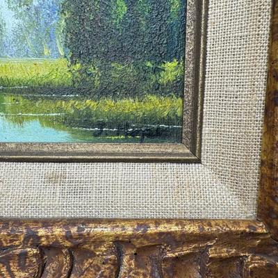 Sale Photo Thumbnail #372: This piece is in a mid-century modern frame. The impressionist piece is most likely from the U.S. It is illegibly signed in the bottom right. There are no signs of significant damage. Measurement: 15.5”W x 13.5”H. [JP]