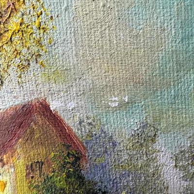 Sale Photo Thumbnail #369: This piece is in a mid-century modern frame. The impressionist piece is most likely from the U.S. It is illegibly signed in the bottom right. There are no signs of significant damage. Measurement: 15.5”W x 13.5”H. [JP]