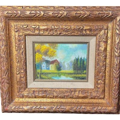 Sale Photo Thumbnail #371: This piece is in a mid-century modern frame. The impressionist piece is most likely from the U.S. It is illegibly signed in the bottom right. There are no signs of significant damage. Measurement: 15.5”W x 13.5”H. [JP]