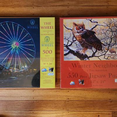 Sale Photo Thumbnail #181: This lot is for Two New Puzzles.  One shows The Great Smoky Mountain Wheel and has a finished size of about 18X24-inches with 500 pieces.   The other is titled Winter Neighbors and shows wildlife, with a finished size of about 15X24-inches with 550 pieces