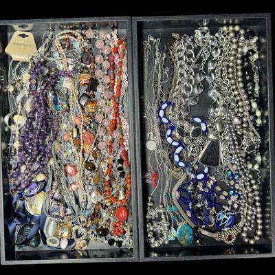 Sale Photo Thumbnail #377: Includes silver tone, beads, stones, chains, and more. Total of 50+ pieces. Does not include display trays. [JP]