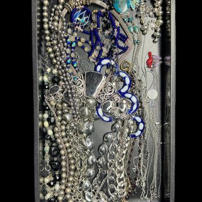 Sale Photo Thumbnail #378: Includes silver tone, beads, stones, chains, and more. Total of 50+ pieces. Does not include display trays. [JP]