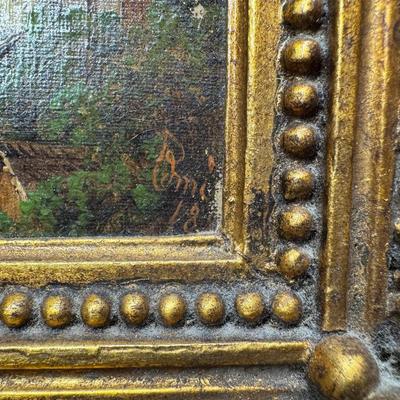 Sale Photo Thumbnail #392: In the manner of Lepie or Jankowsky, this 19th century piece depicts the picturesque village of Hallstatt, Austria. The piece has craquelure, commensurate with age. The artist signature is illegible due to the frame. The frame is 19th century. Measurement