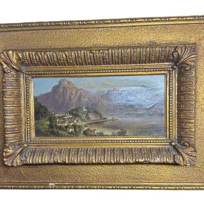 Sale Photo Thumbnail #399: In the manner of Lepie or Jankowsky, this 19th century piece depicts the picturesque village of Hallstatt, Austria. The piece has craquelure, commensurate with age. The artist signature is illegible due to the frame. The frame is 19th century. Measurement