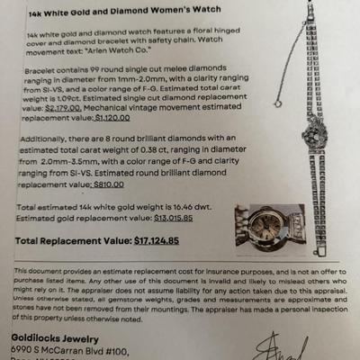 Sale Photo Thumbnail #4: 14K gold and diamond watch features a floral hinged cover and diamond bracelet with safety chain.  Watch movement 
text :  "Arlen Watch Co."   
Bracelet contains 99 round single cut melee diamonds, Additionally, there are 8 round brilliant diamonds .
Tota