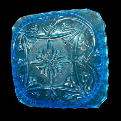 Sale Photo Thumbnail #405: Includes a Fenton water lily and cattails bowl, and a blue ruffled candy dish. Total of two pieces. Measurement of largest: 8”W. [JP]