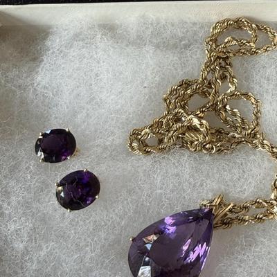 Sale Photo Thumbnail #9: Pierced earrings, 11mm x 9mm x 6.5 mm, ~ 3.45 ct weight each.  14k gold
Necklace is 24" 14k gold, amethyst is 17.70mm x 25.8mm x 12.8 mm, ~ 27 ct weight, in 14k gold setting 
Very nice condition