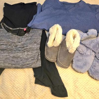 LOT 28: Women's Lounge Pants. 2 Long Sleeve Shirts, and 2 Pairs of Slippers