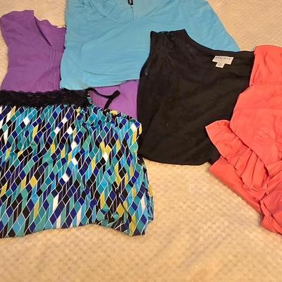 LOT 32: Women's Plus Size Colorful Tops Including Teal Cold Shoulder, Orange Ruffles, and More