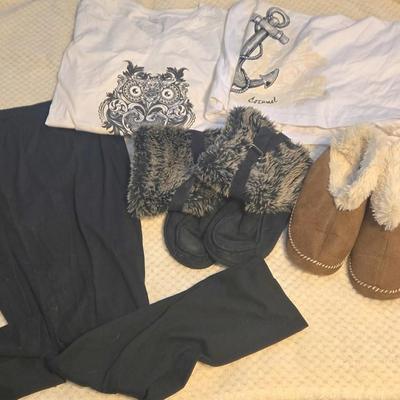 LOT 33: Women's Lounge Pants, Two Pairs of Slippers, and Two DelSol TShirts Which Change Color in Sunlight