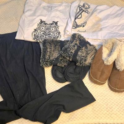 LOT 33: Women's Lounge Pants, Two Pairs of Slippers, and Two DelSol TShirts Which Change Color in Sunlight