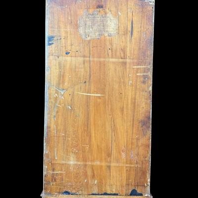 Sale Photo Thumbnail #418: This antique regulator clock has solid oak construction. The integrity of the case and pendulum is solid. There is discoloration in the center of the porcelain face. Not tested. Measurement: 36”H x 18”W. Pre-auction estimate: $100-$150. [RS]