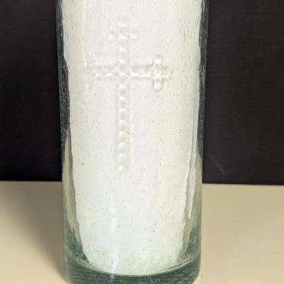 Green Glass Vase With Raised Cross Symbol