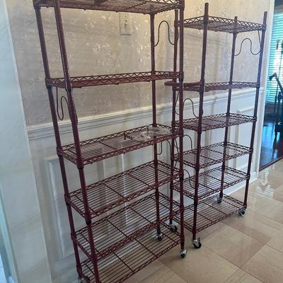 Pair of Rolling Metal Wire Storage Shelving Units on Casters
