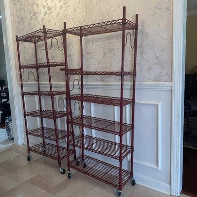 Pair of Rolling Metal Wire Storage Shelving Units on Casters