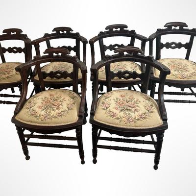 Set of Six Vintage Dining Chairs with Upholstered Seats