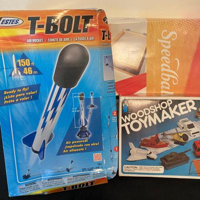 LOT 142: Vintage Toys / Games in Original Boxes - Woodshop ToyMaker, Speedball and Estes T-Bolt Air Rocket