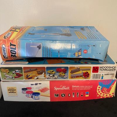 LOT 142: Vintage Toys / Games in Original Boxes - Woodshop ToyMaker, Speedball and Estes T-Bolt Air Rocket