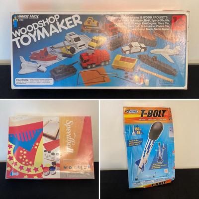 LOT 142: Vintage Toys / Games in Original Boxes - Woodshop ToyMaker, Speedball and Estes T-Bolt Air Rocket