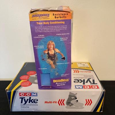 LOT 143: Fitness Collection - CCM Tyke Expandable Ice Skates, Aqua Jogger Deltabells, Replacement Wheels, Free Spirit Skateboard and RVCA...