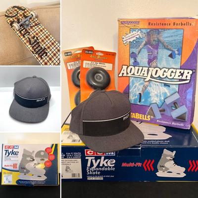 LOT 143: Fitness Collection - CCM Tyke Expandable Ice Skates, Aqua Jogger Deltabells, Replacement Wheels, Free Spirit Skateboard and RVCA...