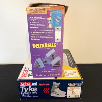 LOT 143: Fitness Collection - CCM Tyke Expandable Ice Skates, Aqua Jogger Deltabells, Replacement Wheels, Free Spirit Skateboard and RVCA...