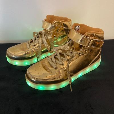 LOT 145: All That Glitters is Gold - Vintage High Top Velcro Light Up Sneakers / Shoes with Estee Lauder Gold Travel Case