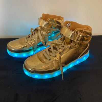 LOT 145: All That Glitters is Gold - Vintage High Top Velcro Light Up Sneakers / Shoes with Estee Lauder Gold Travel Case