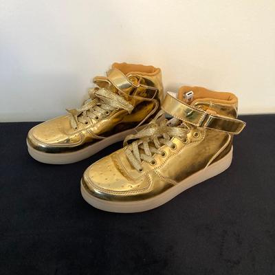 LOT 145: All That Glitters is Gold - Vintage High Top Velcro Light Up Sneakers / Shoes with Estee Lauder Gold Travel Case