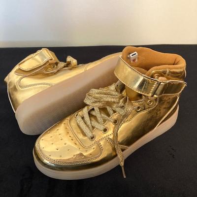 LOT 145: All That Glitters is Gold - Vintage High Top Velcro Light Up Sneakers / Shoes with Estee Lauder Gold Travel Case