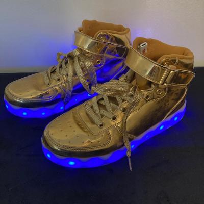 LOT 145: All That Glitters is Gold - Vintage High Top Velcro Light Up Sneakers / Shoes with Estee Lauder Gold Travel Case