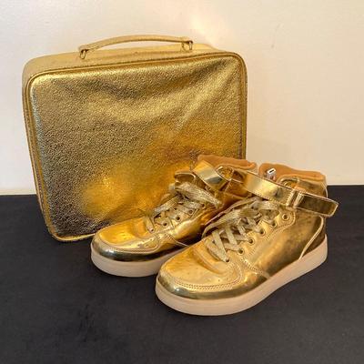 LOT 145: All That Glitters is Gold - Vintage High Top Velcro Light Up Sneakers / Shoes with Estee Lauder Gold Travel Case