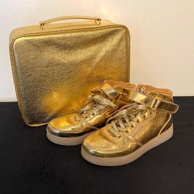 LOT 145: All That Glitters is Gold - Vintage High Top Velcro Light Up Sneakers / Shoes with Estee Lauder Gold Travel Case