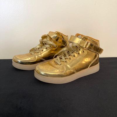 LOT 145: All That Glitters is Gold - Vintage High Top Velcro Light Up Sneakers / Shoes with Estee Lauder Gold Travel Case