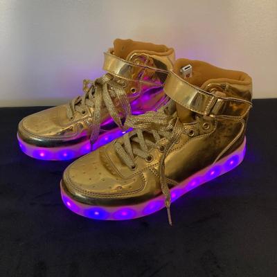 LOT 145: All That Glitters is Gold - Vintage High Top Velcro Light Up Sneakers / Shoes with Estee Lauder Gold Travel Case