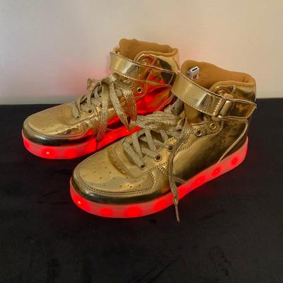 LOT 145: All That Glitters is Gold - Vintage High Top Velcro Light Up Sneakers / Shoes with Estee Lauder Gold Travel Case