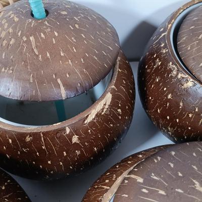 LOT 163: Tiki Collection - Coconut Shell Art, Coconut Cups & Monkey and Bamboo Container