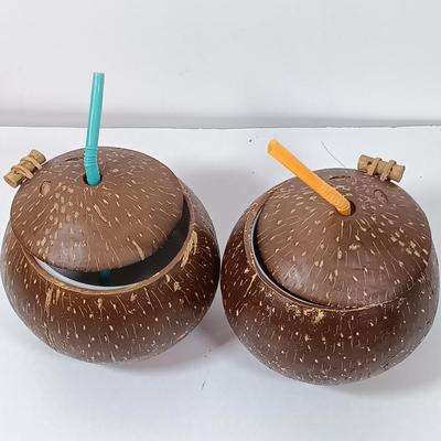 LOT 163: Tiki Collection - Coconut Shell Art, Coconut Cups & Monkey and Bamboo Container