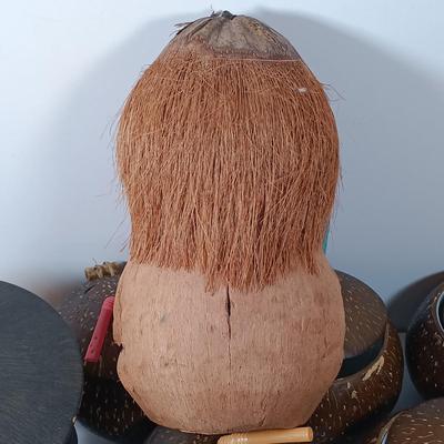 LOT 163: Tiki Collection - Coconut Shell Art, Coconut Cups & Monkey and Bamboo Container