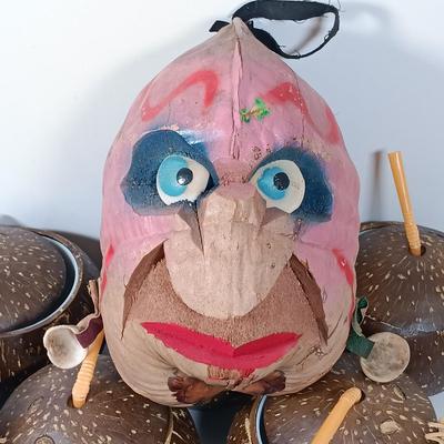 LOT 163: Tiki Collection - Coconut Shell Art, Coconut Cups & Monkey and Bamboo Container