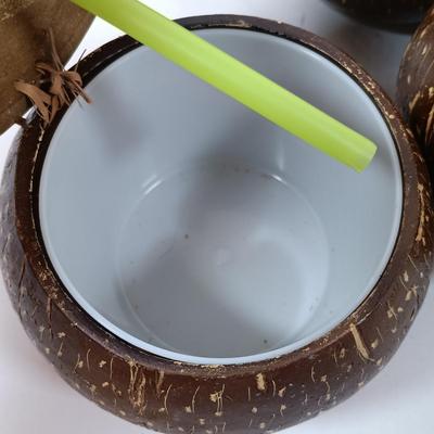 LOT 163: Tiki Collection - Coconut Shell Art, Coconut Cups & Monkey and Bamboo Container