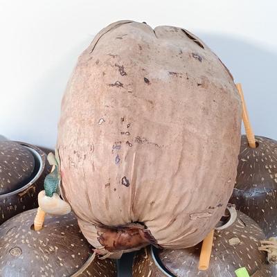 LOT 163: Tiki Collection - Coconut Shell Art, Coconut Cups & Monkey and Bamboo Container