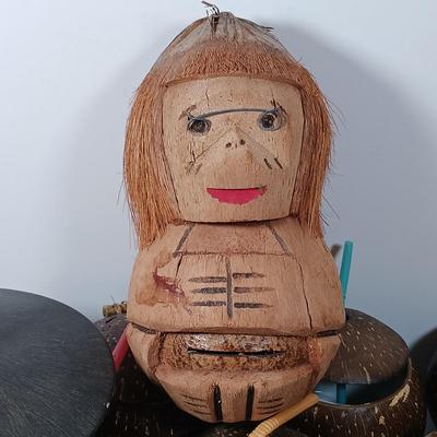LOT 163: Tiki Collection - Coconut Shell Art, Coconut Cups & Monkey and Bamboo Container